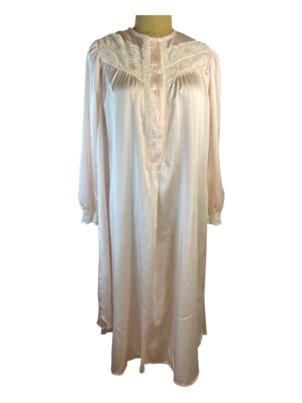Dior Vintage Pale Pink Lace-Trim Long Satin Nightgown
